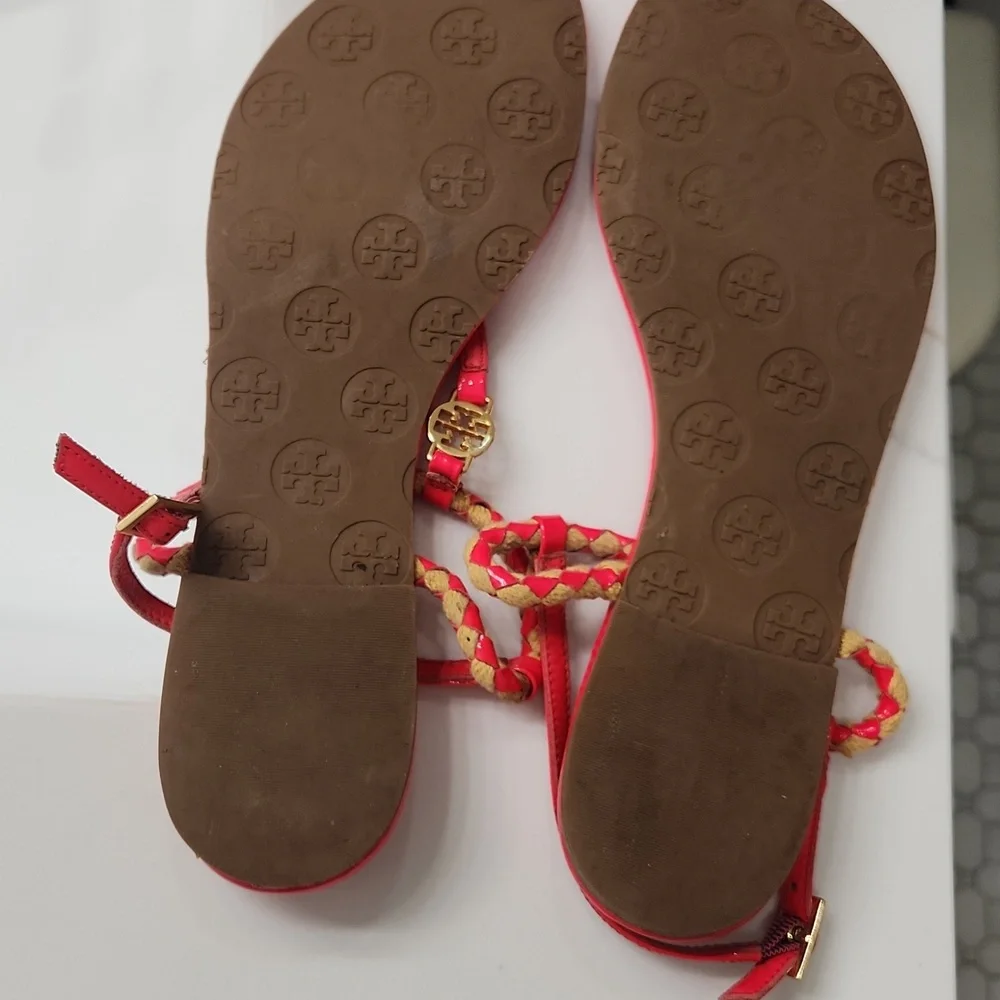 Tory Burch Bright Red Braided Thong Sandals with Gold Logo - Picture 7 of 12